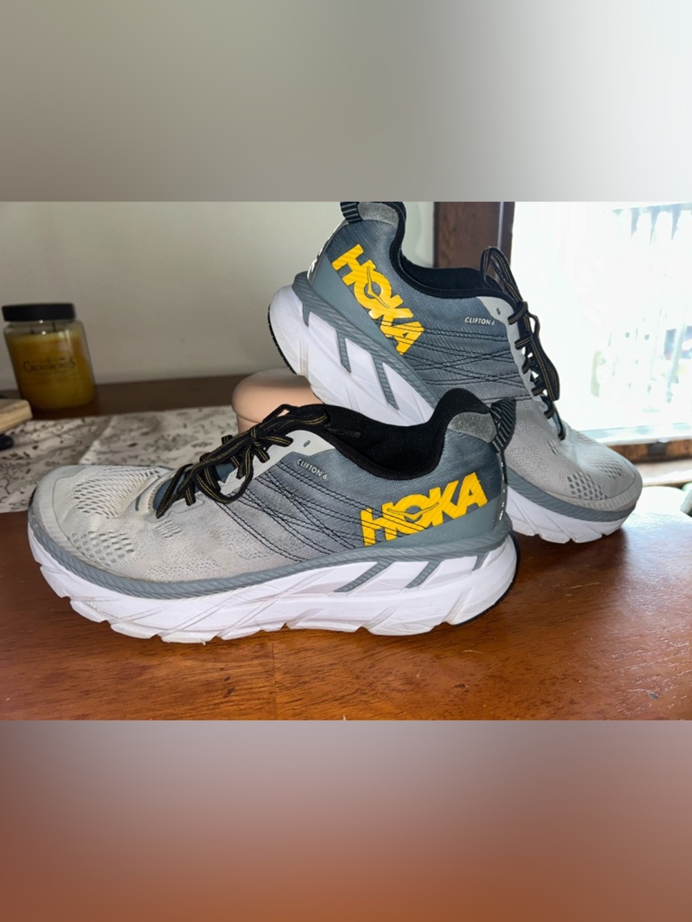 Hoka Clifton 6 Gray with Yellow Logo Running Shoes
